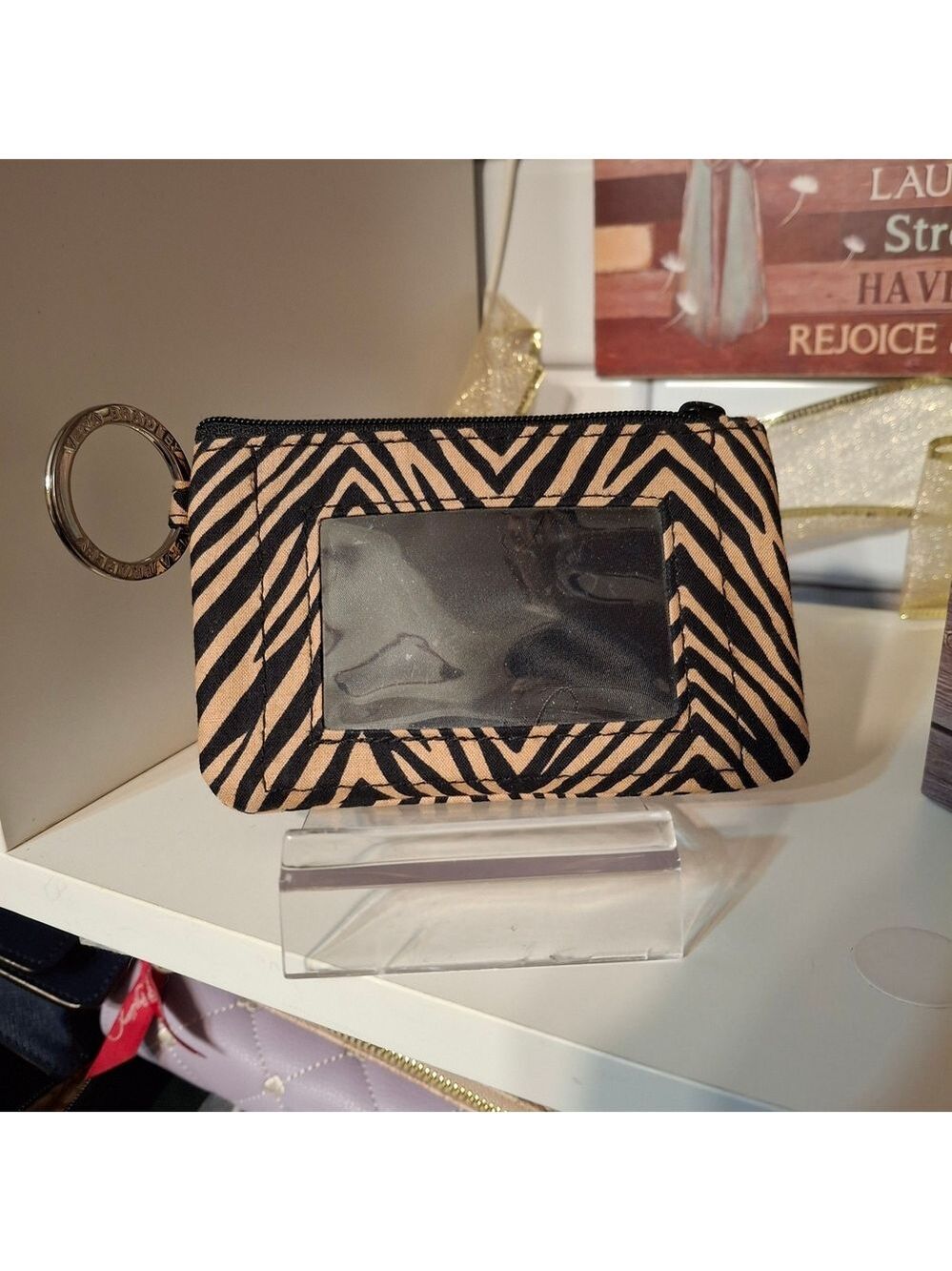 Vera Bradley Striped Black and Tan Women's Id Card Holder With Keyring